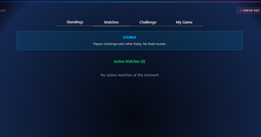 FUZZBETA Lounge-visning med fanene Standings, Matches, Challenge og My Game